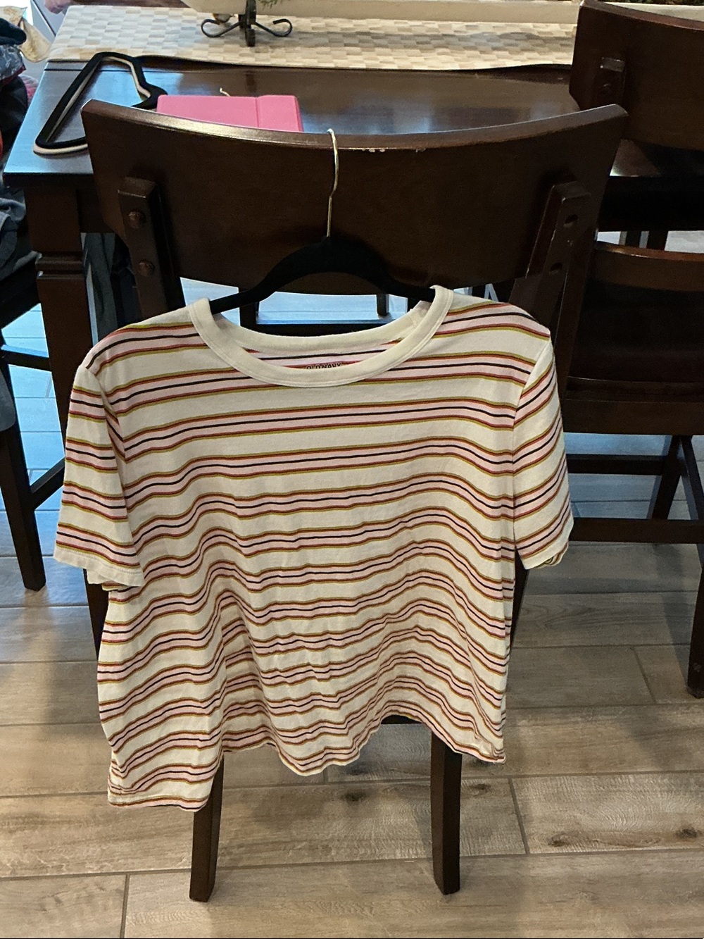 Old Navy White Short Sleeve Tee with Red, Yellow & Green Stripes
